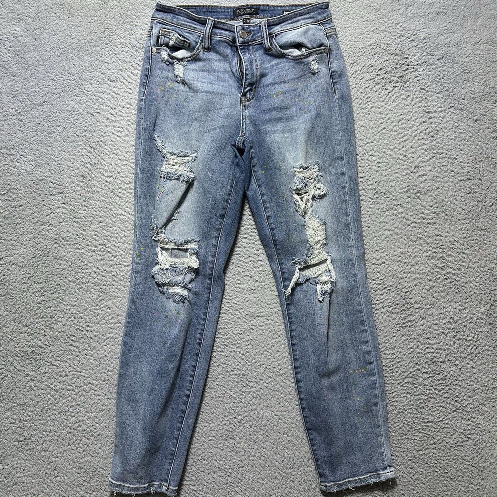 Judy Blue Jeans Womens 7/28‎ Boyfriend Fit Paint Splatter Artsy Stretch Denim